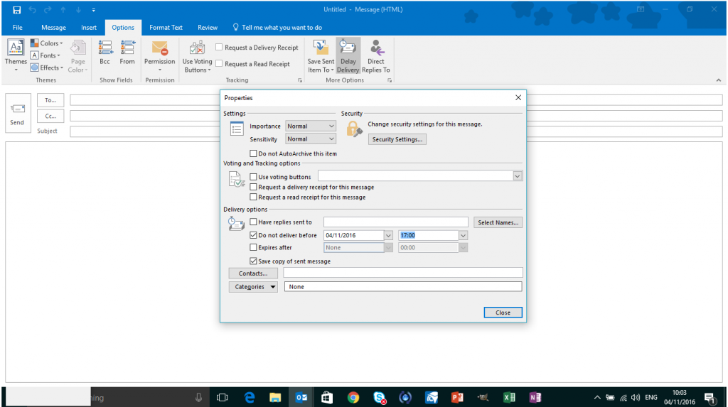 how to delay delivery in outlook 2016